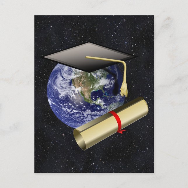 Graduation Cap, Earth w/diploma - Star Background Announcement Postcard (Front)