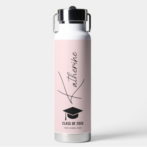 Graduation Cap Elegant Calligraphy Blush Custom Water Bottle