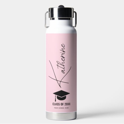 Graduation Cap Elegant Calligraphy Pink Custom Water Bottle