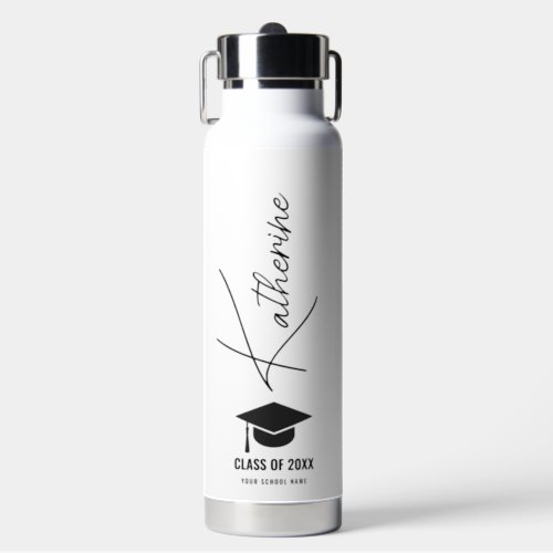 Graduation Cap Elegant Calligraphy White Custom Water Bottle