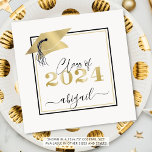 Graduation Cap Faux Metallic Gold Year Script Napkins<br><div class="desc">Personalized CLASS OF 2024 graduation party napkins with your graduate's name in an elegant calligraphy script shown with a faux metallic gold foil graduation cap or mortarboard and editable border color (shown in black). ASSISTANCE: For help with design modification or personalization, color change, transferring the design to another product or...</div>