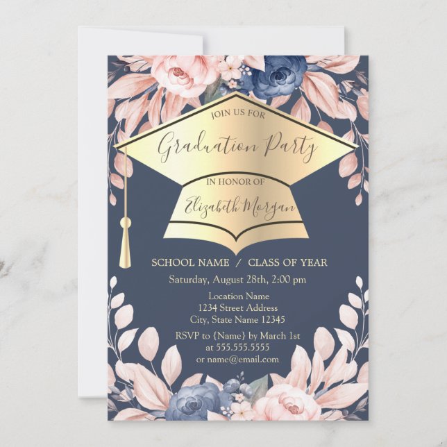 Graduation Cap,Flowers Dark Graduation  Invitation (Front)