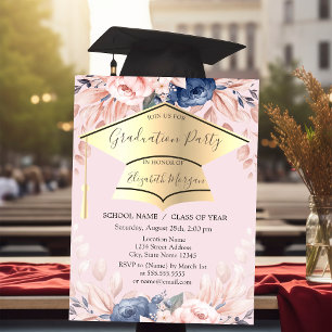 Graduation Cap,Flowers Light Pink Graduation Invitation