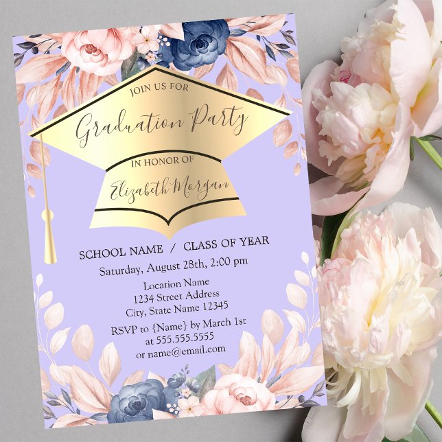 Graduation Cap,Flowers Light Purple Graduation  Invitation (Creator Uploaded)