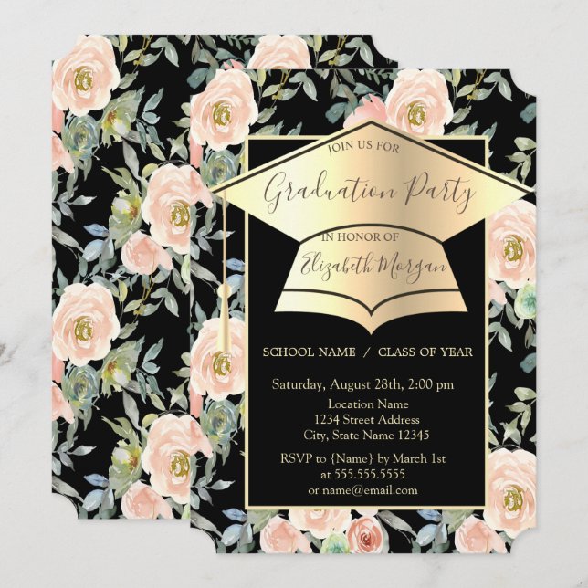 Graduation Cap,Flowers Roses Black Graduation   Invitation (Front/Back)