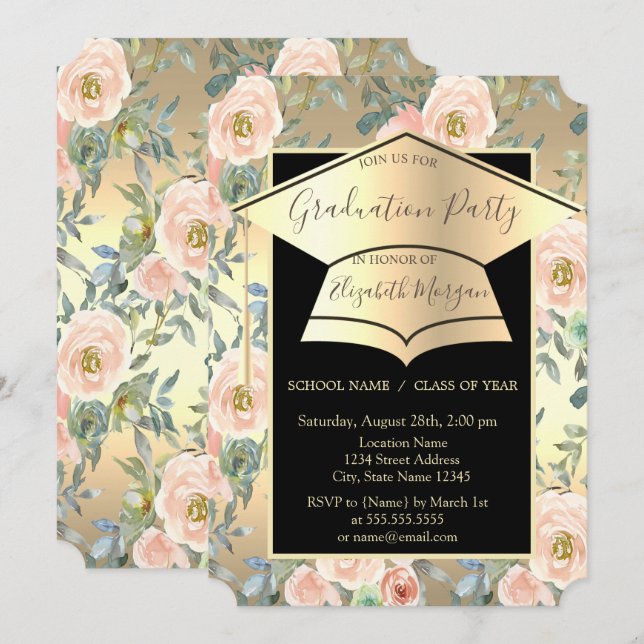 Graduation Cap,Flowers Roses Gold Graduation   Invitation (Front/Back)