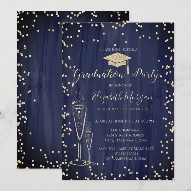 Graduation Cap,Glass Diamonds Blue Graduation Invitation (Front/Back)