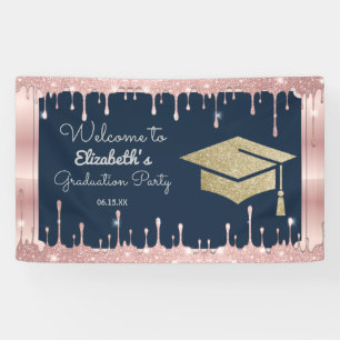 Graduation Cap Glitter Rose Gold Drips Navy Blue Banner