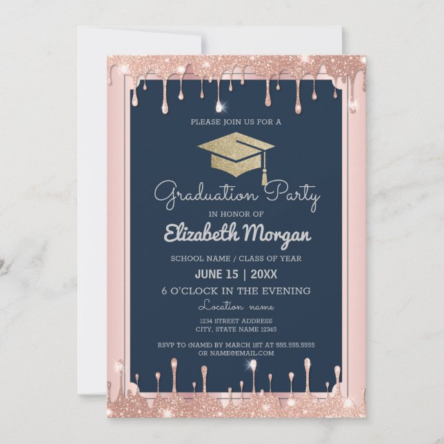 Graduation Cap Glitter Rose Gold Drips Navy Blue Invitation (Front)
