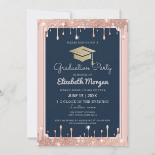 Graduation Cap Glitter Rose Gold Drips Navy Blue Invitation