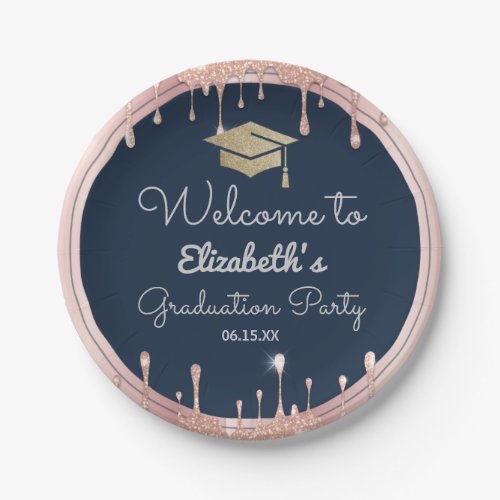 Graduation Cap Glitter Rose Gold Drips Navy Blue Paper Plates