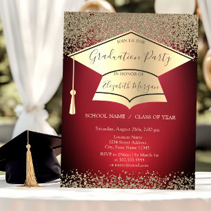 Graduation Cap,Gold Diamonds Dark Red Graduation Invitation