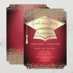 Graduation Cap,Gold Diamonds Dark Red Graduation Invitation