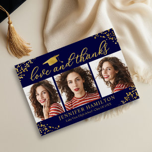 Graduation Cap Gold Foil On Blue Love And Thanks Invitation