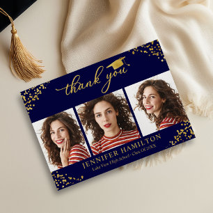 Graduation Cap Gold Foil On Blue Thank You Invitation