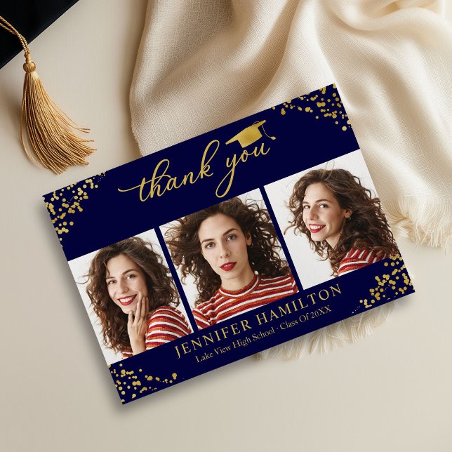 Graduation Cap Gold Foil On Blue Thank You Invitation (Creator Uploaded)