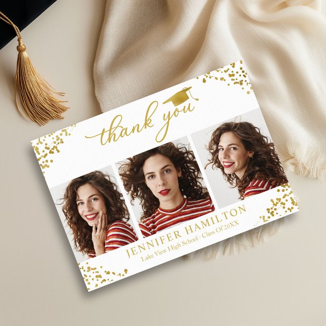 Graduation Cap Gold Foil On White Thank You Invitation (Creator Uploaded)