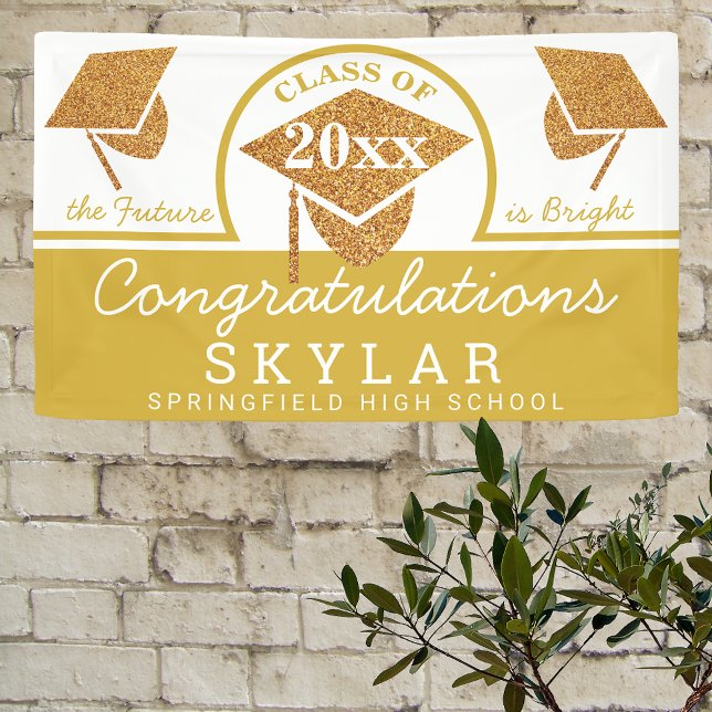 Graduation Cap Gold Fun Congratulations Party Banner (Creator Uploaded)