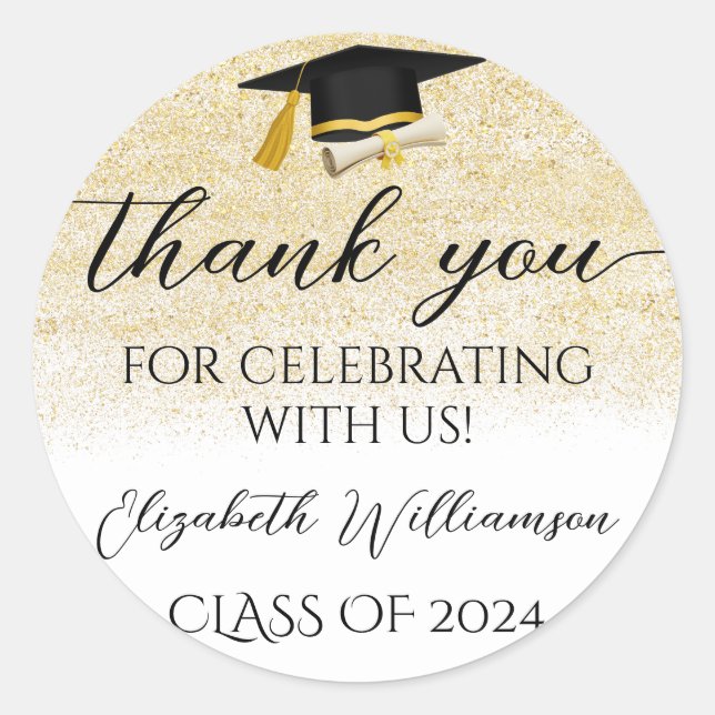 Graduation Cap Gold Glitter Party Favor Thank You Classic Round Sticker (Front)