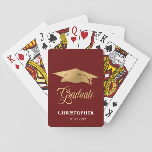 Graduation Cap Gold Red Modern Elegant Monogrammed Poker Cards
