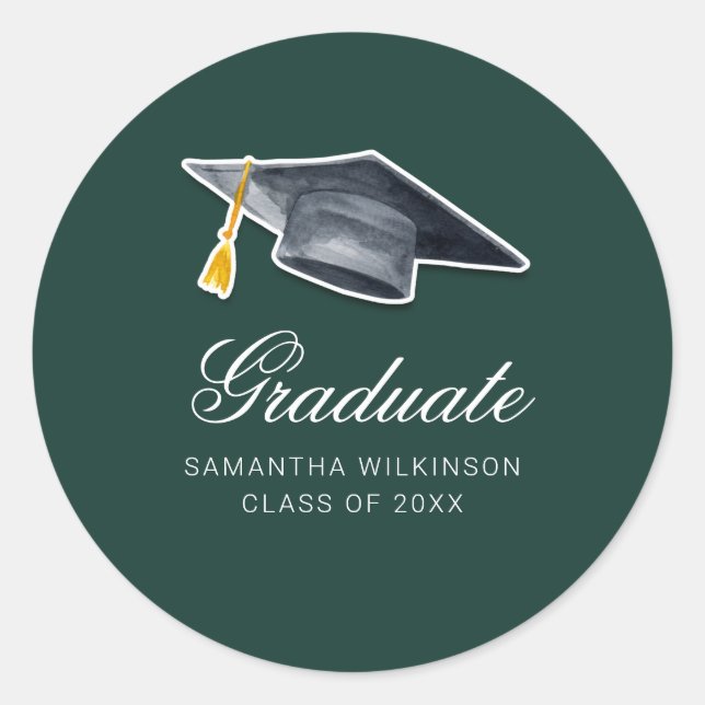 Graduation Cap Gold Tassel Calligraphy Green Classic Round Sticker (Front)