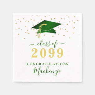 Graduation Cap Green Gold Confetti Script Napkins