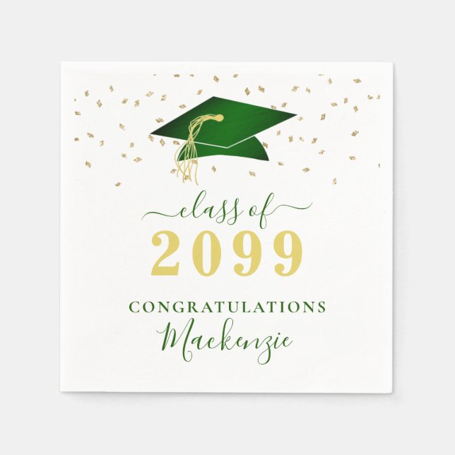 Graduation Cap Green Gold Confetti Script Napkins (Front)