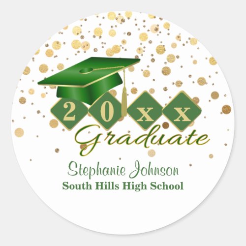 Graduation Cap Green Gold Personalized Classic Round Sticker