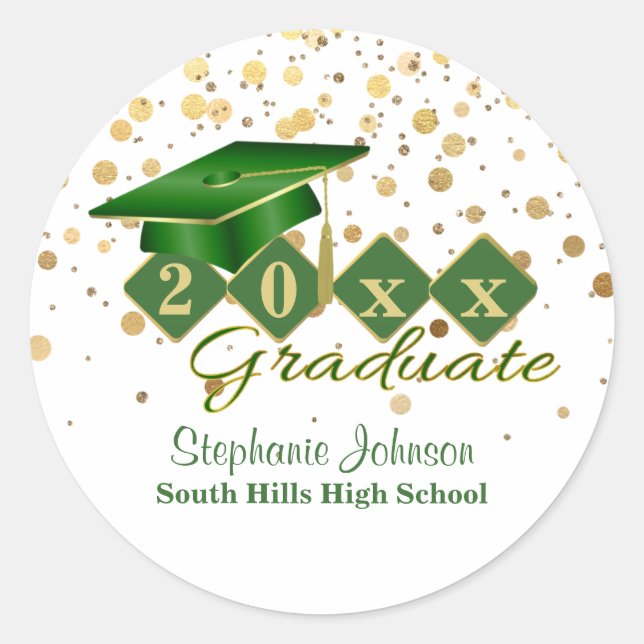 Graduation Cap Green Gold Personalized Classic Round Sticker (Front)