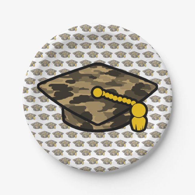 Graduation Cap Khaki Camo Paper Plates (Front)