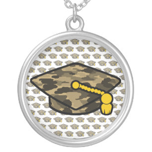 Graduation Cap Khaki Camo Silver Plated Necklace