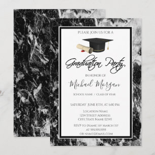Graduation Cap Marble Black Graduation Party Invitation
