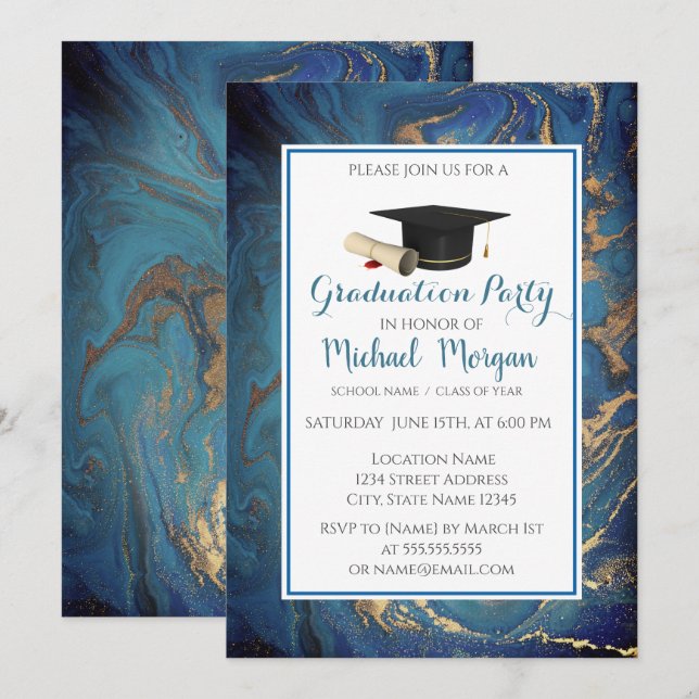 Graduation Cap Marble Gold  Graduation Party Invitation (Front/Back)