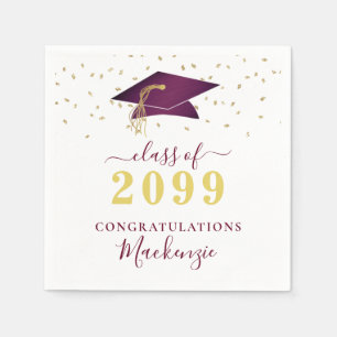 Graduation Cap Maroon Gold Confetti Script Napkins