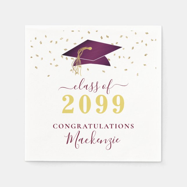 Graduation Cap Maroon Gold Confetti Script Napkins (Front)