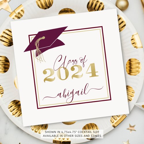 Graduation Cap Maroon Gold Script Class of 2024 Napkins