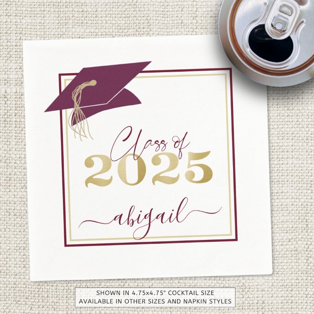 Graduation Cap Maroon Gold Script Class of 2025 Napkins (Creator Uploaded)