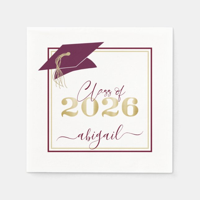 Graduation Cap Maroon Gold Script Class of 2026 Napkins (Front)