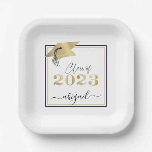 Graduation Cap Metallic Gold Script Class of 2023 Paper Plates