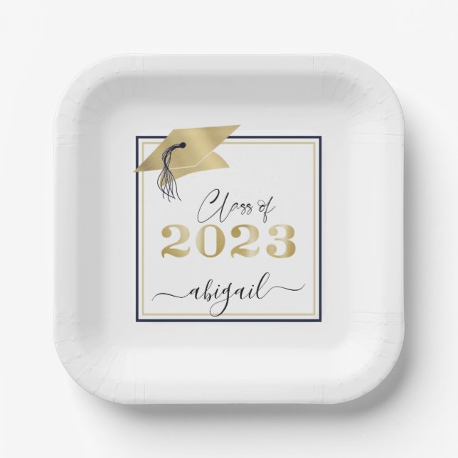 Graduation Cap Metallic Gold Script Class of 2023 Paper Plates (Front)