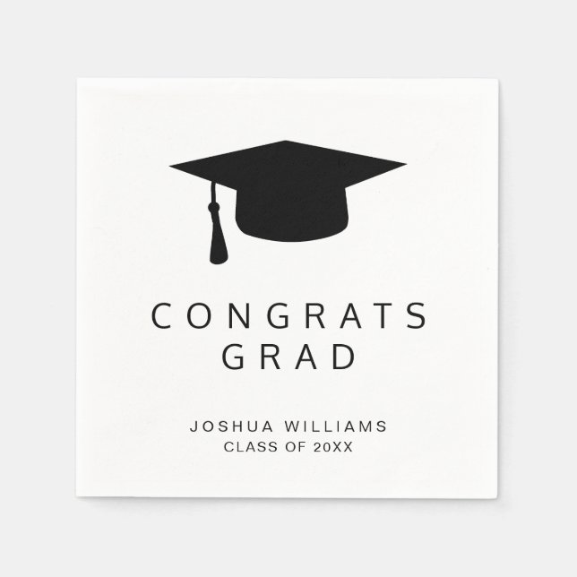Graduation Cap Minimalist Black and White Congrats Napkins (Front)