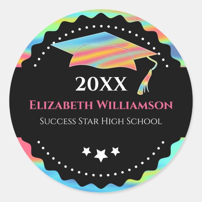 Graduation Cap Modern Holographic Classic Round Sticker (Front)