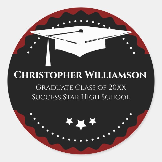 Graduation Cap Modern School Red Black Classic Round Sticker (Front)
