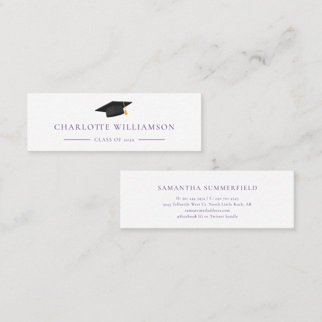 Graduation Cap Modern Simple Purple Calling Mini Business Card (Front/Back)