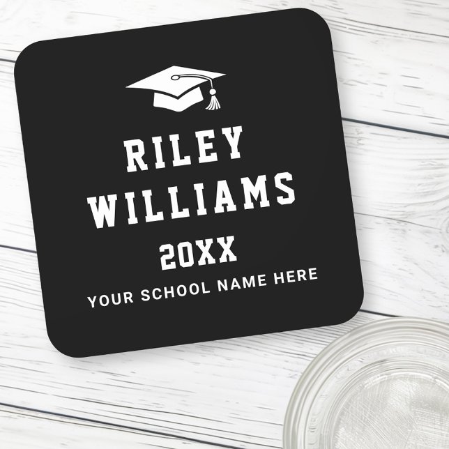 Graduation cap name college sports font black square paper coaster (Graduation cap name college sports font black square paper coaster)