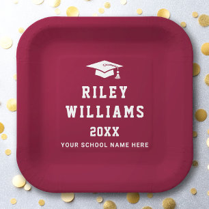 Graduation cap name college sports font burgundy paper plates