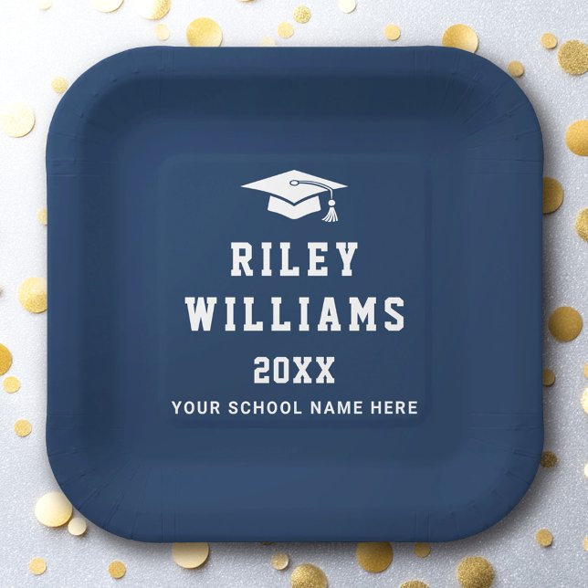 Graduation cap name college sports font dark blue paper plates (Graduation cap name college sports font dark blue paper plates)