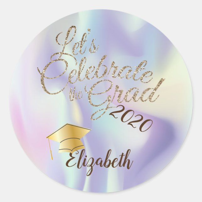 Graduation Cap,Name,Holographic Classic Round Sticker (Front)