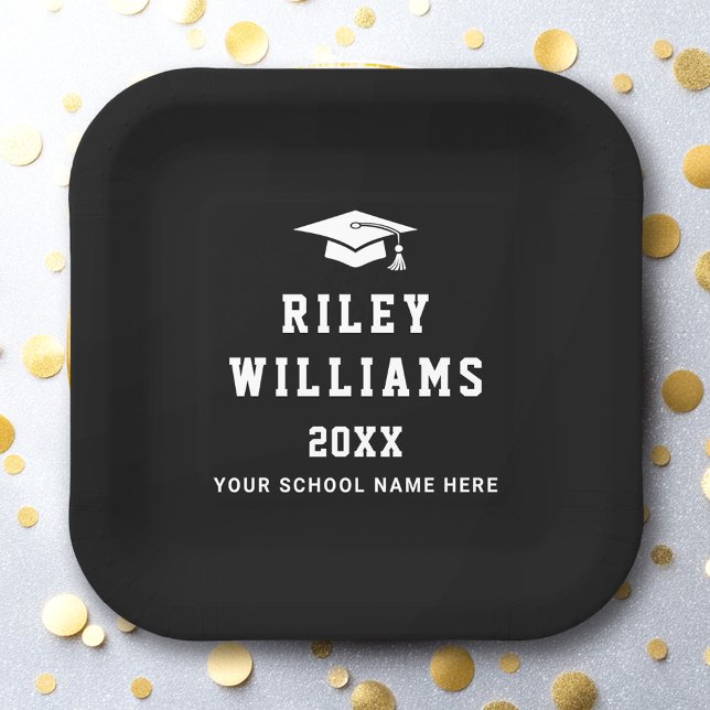 Graduation cap name year college sports font black paper plates (Graduation cap name year college sports font black paper plates)
