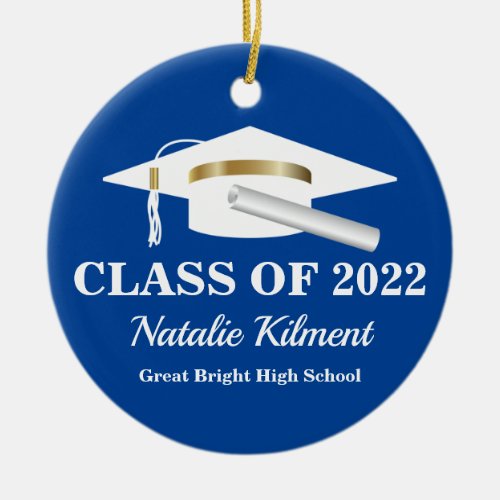 Graduation Cap Navy Blue Gold Class of 2022 Photo Ceramic Ornament